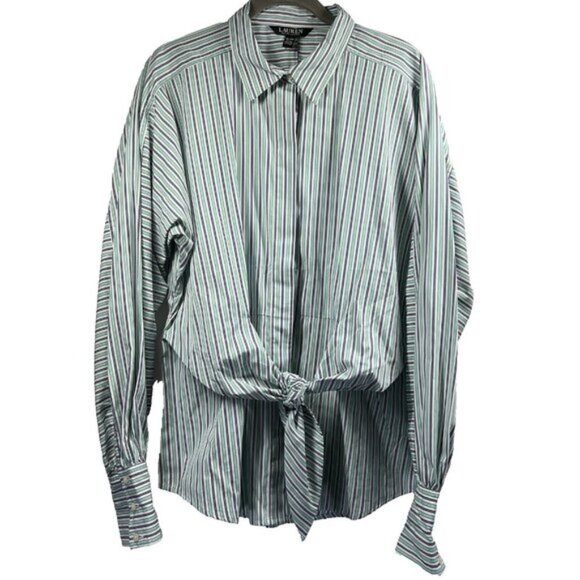 Lauren Ralph Lauren Women Blouse XL Bllue  Green Stripe Long Sleeve Tie Front - Picture 1 of 15
